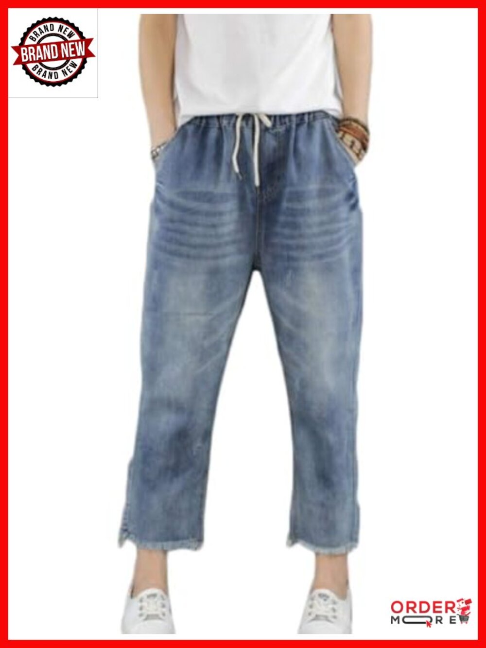 Elastic Waist Cropped Baggy Jeans with Floral Embroidery